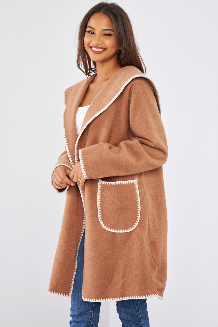 Veste longue à capuche camel texturée à couture en relief