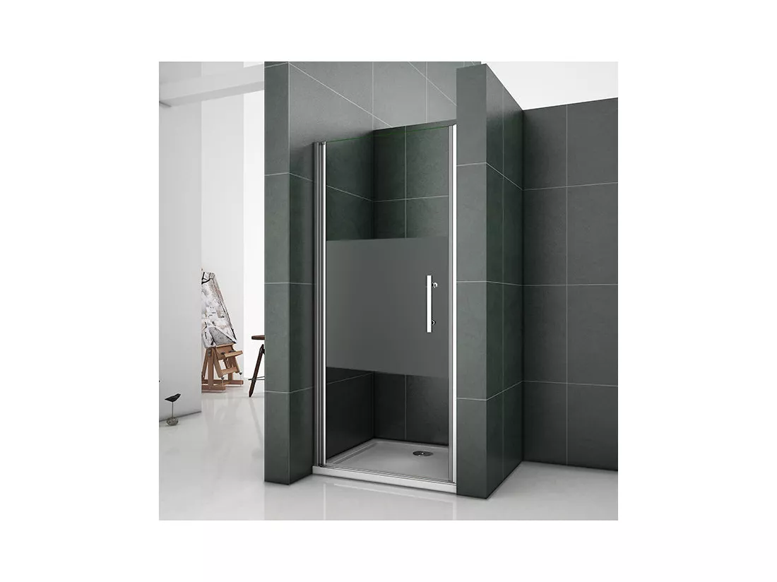 Porte de douche pivotante 80x185cm en niche en verre bande central dépoli anticalcaire Installation à Gauche