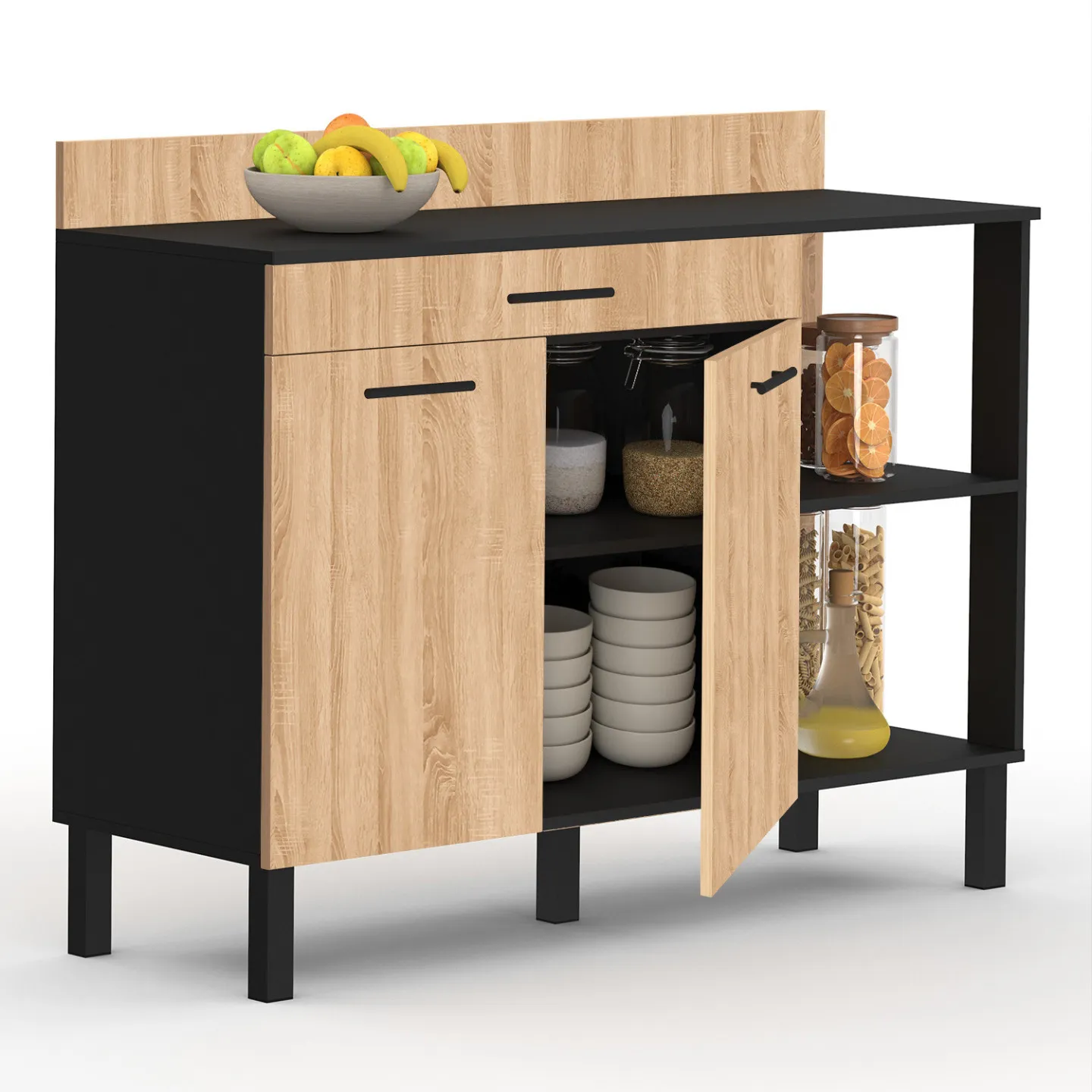 Buffet bas de cuisine 120 cm CINA plan de travail H.83 cm 2 portes + tiroir noir et façon hêtre