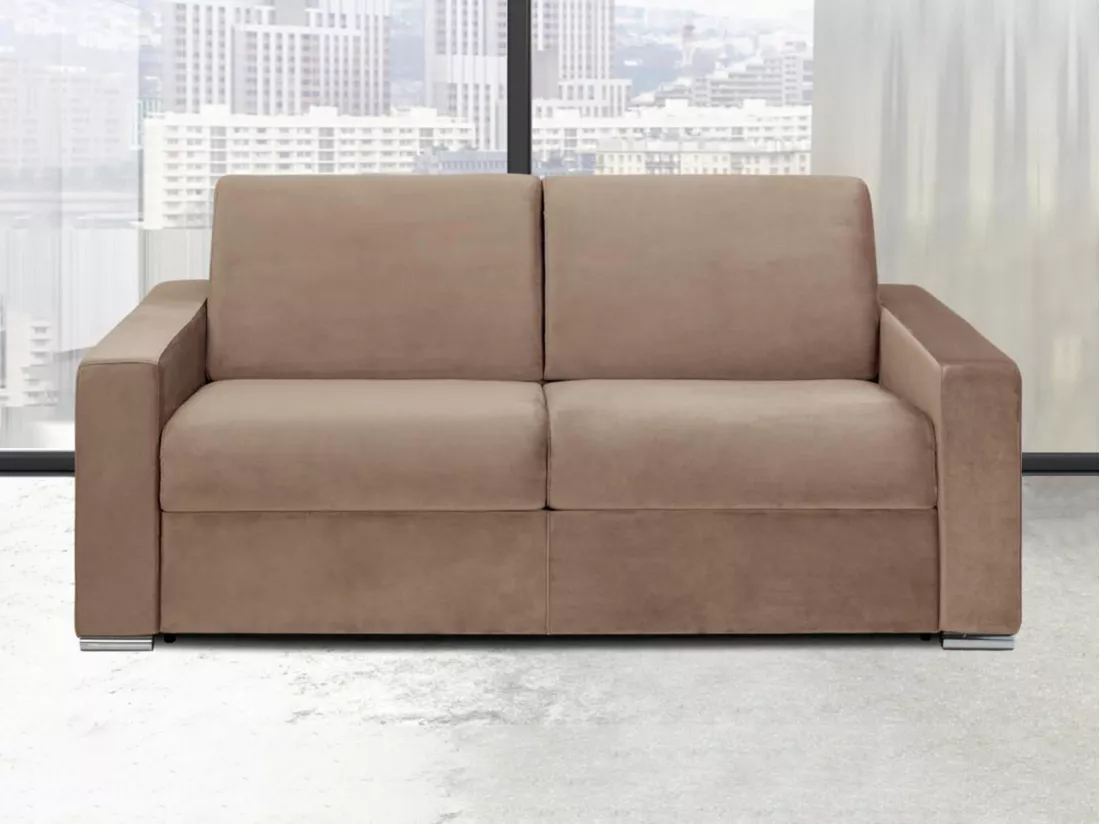 Canapé 3 places convertible express en velours beige - Couchage lattes larges 140 cm - Matelas 14 cm CALITO