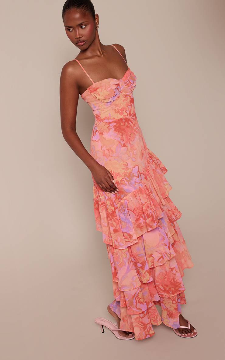 Orange Robe Longue À Imprimé Floral Avec Ourlet À Volants