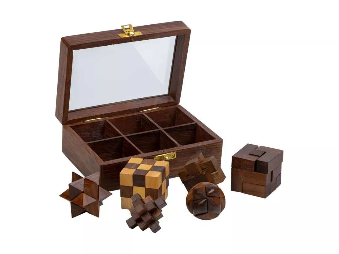 Jeu de 6 casse-têtes dans une boîte en bois marron 17,5x12x6h