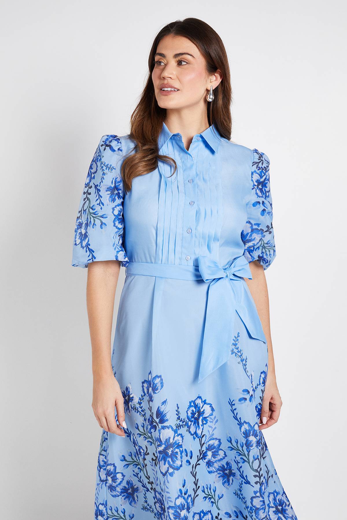 Wallis Robe Chemise Midi À Plis Nervurés En Organza Fleuri