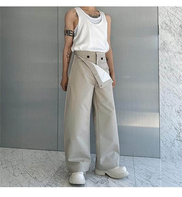 Freehop - High Waist Mock Two-Piece Plain Wide Leg Pants