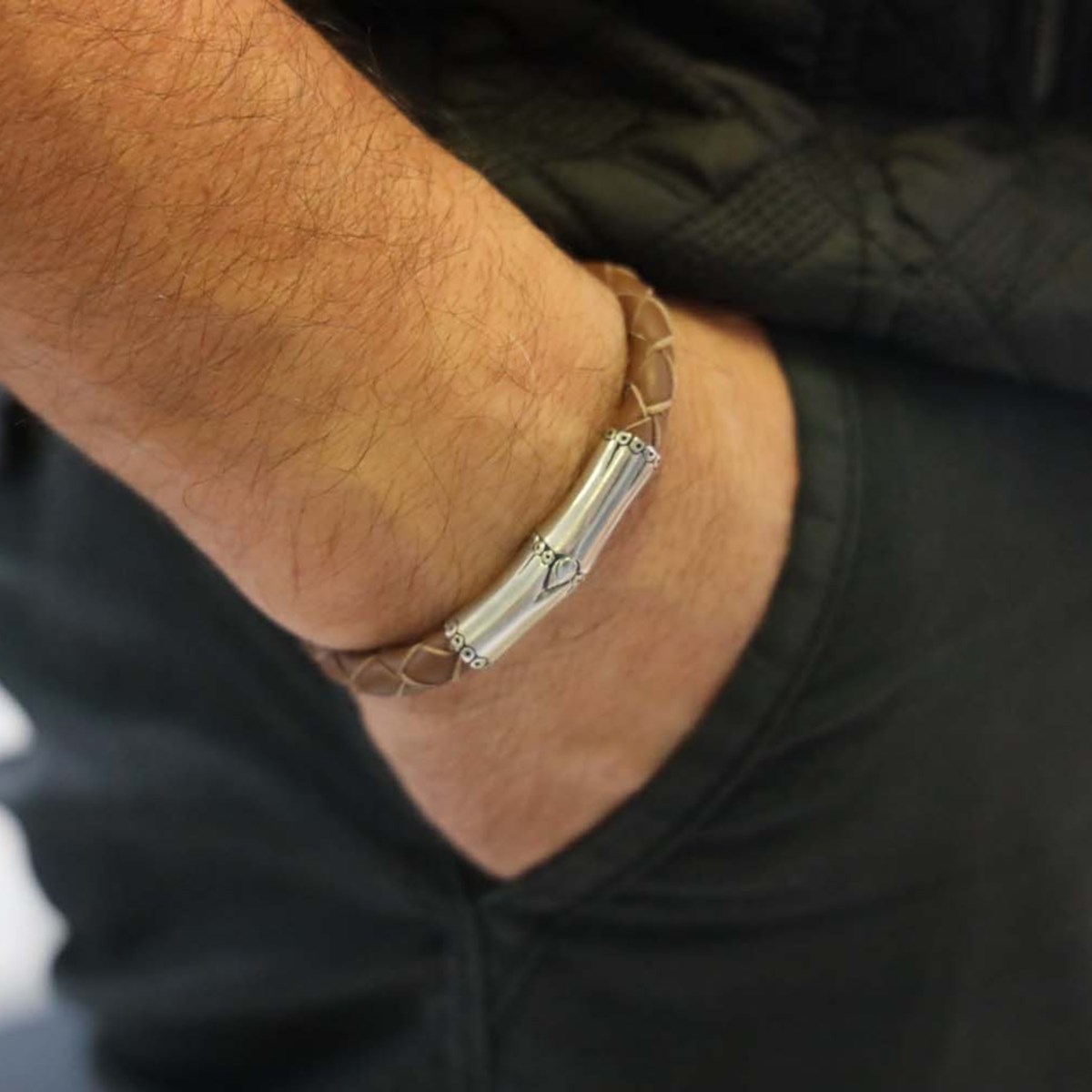 Bracelet Homme Motif Argent Bambou Et Cuir Marron Tressé
