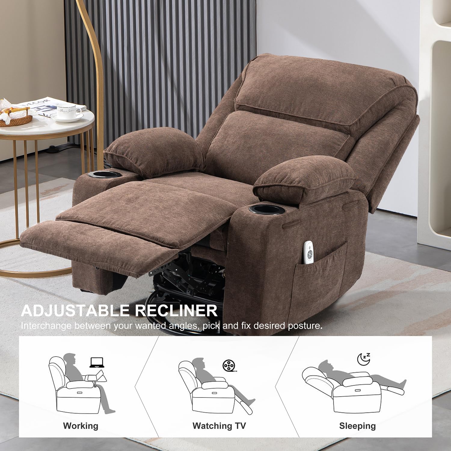 Relaxsessel mit Massagefunktion Fernsehsessel Liegefunktion Vibration Heizung, Dicke Rückenlehne und Armlehnen, mit Wippfunktion, 360°drehbar, Braun