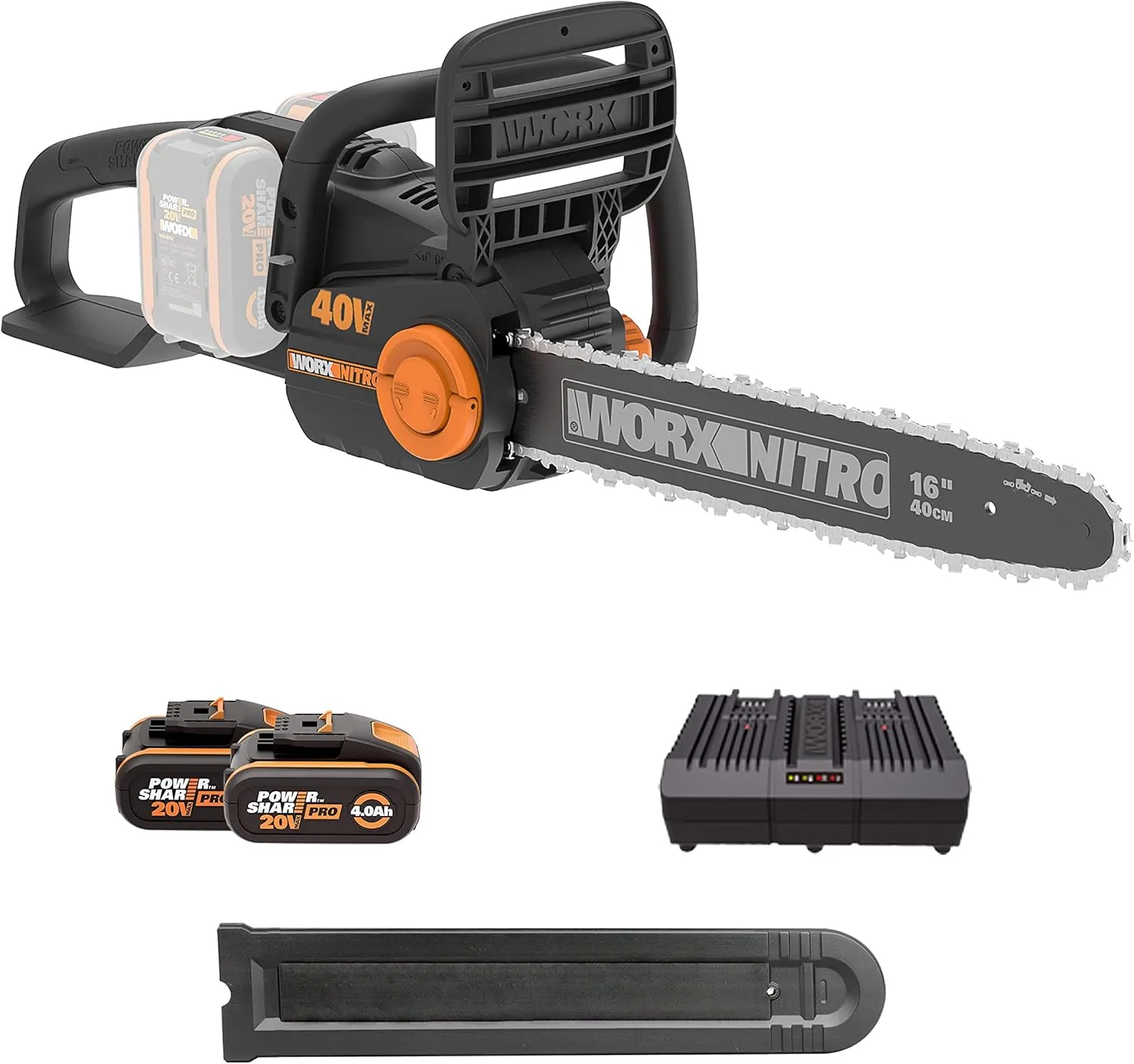 WORX WG385E NITRO Akku Kettensäge 40V (2x20V) - bürstenloser Motor - automatischer Kettenspannung - 40 cm Schnittlänge - 18 m/s Schnittgeschwindigkeit - PowerShare kompatibel -mit 4Ah Akku & Ladegerät