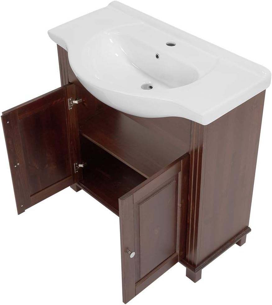Lomadox Landhaus Badmöbel Komplett Set inkl. 85 cm Keramik-Waschtisch, Pinie Massivholz braun, B/H/T ca. 237/180/49cm