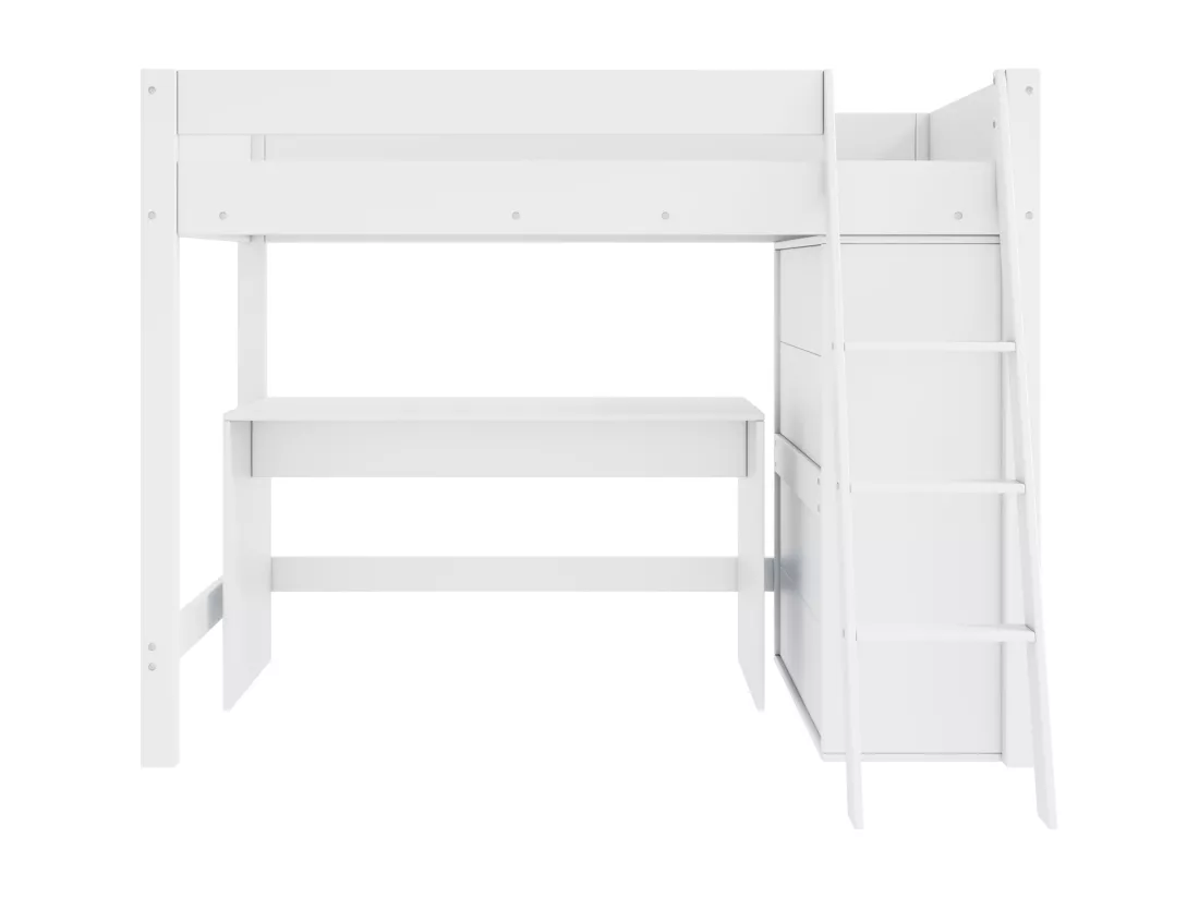 Lit mezzanine 90x200cm en bois - avec bureau et armoire modulable - Blanc