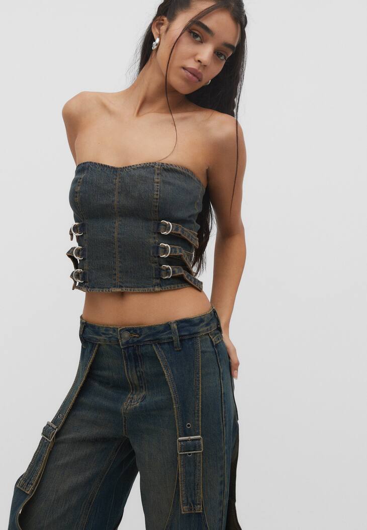 Top jeans com ajuste lateral