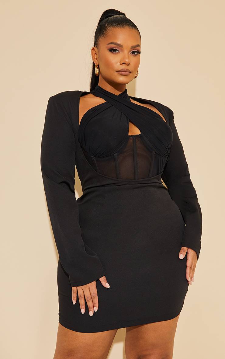 Noir Robe Moulante Grande Taille À Corset Et Détail Croisé Devant