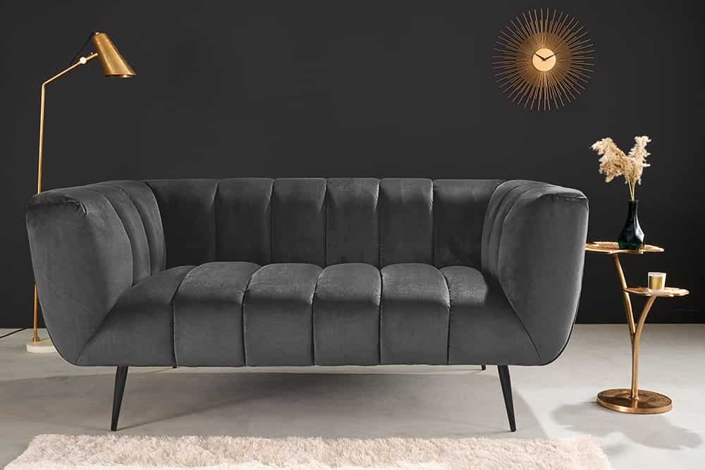 Design 2-Sitzer Sofa NOBLESSE 165cm grau Samt schwarze Metallfüße Federkern