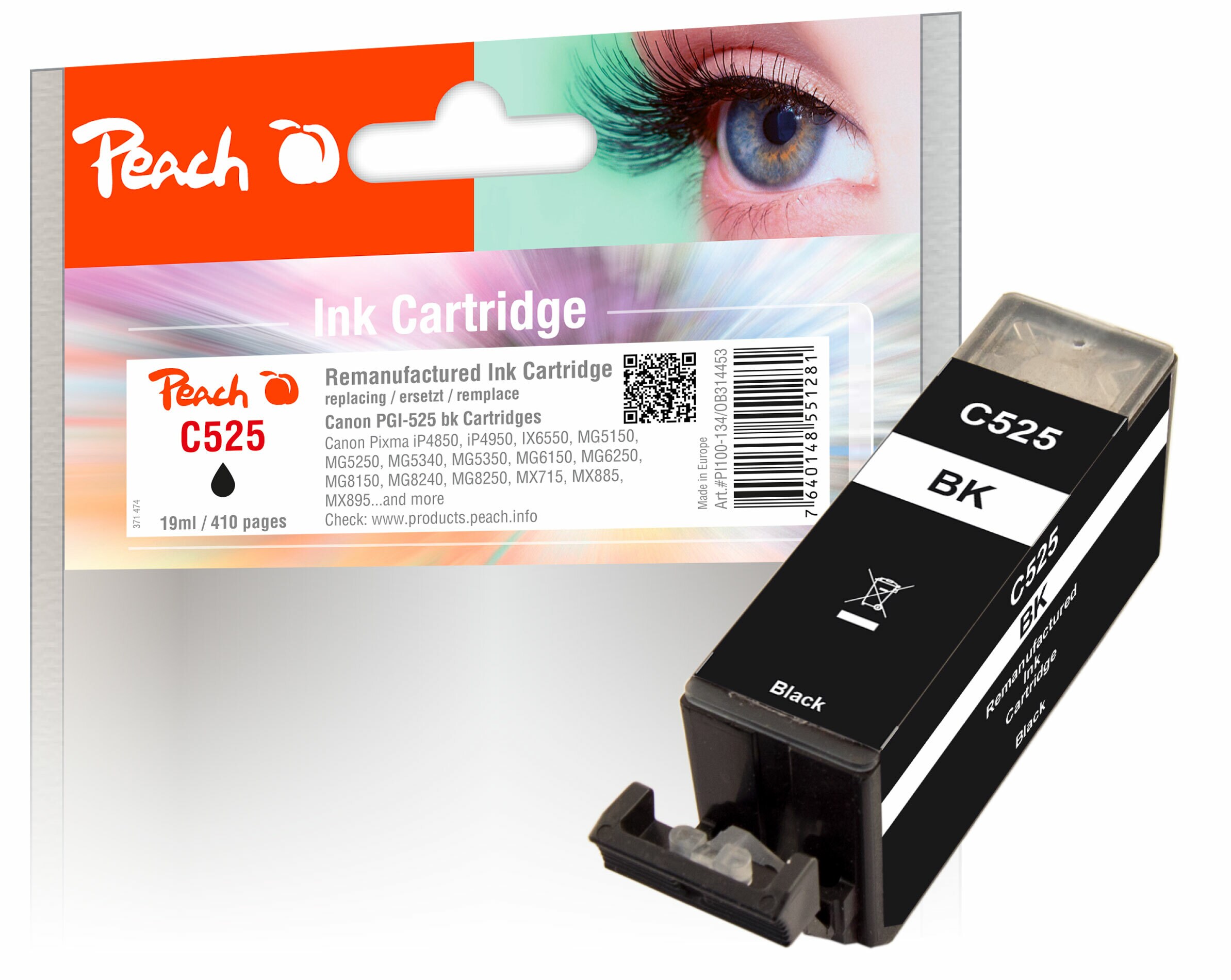 Peach C525 PGBK Druckerpatrone XL bk ersetzt Canon PGI-525PGBK, 4529B001 für z.B. Canon Pixma MG 5150, Canon Pixma MG 6250, Canon Pixma IX 6550 (wiederaufbereitet)