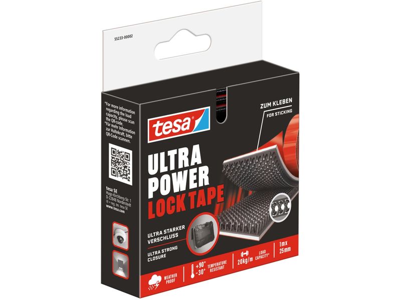 tesa Ultra Power Lock Tape 20 kg/m Haltekraft Selbstklebendes Klettband mit extrem starkem Klettverschluss – wetterfest