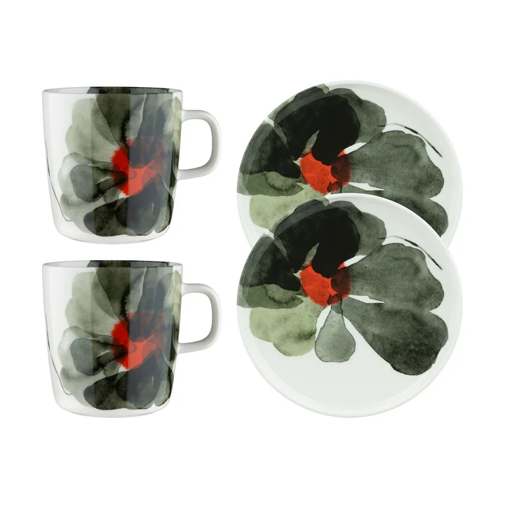 Marimekko - Oiva Valssi Frühstücks-Set, weiss / forest green / tomatenrot (4-tlg)