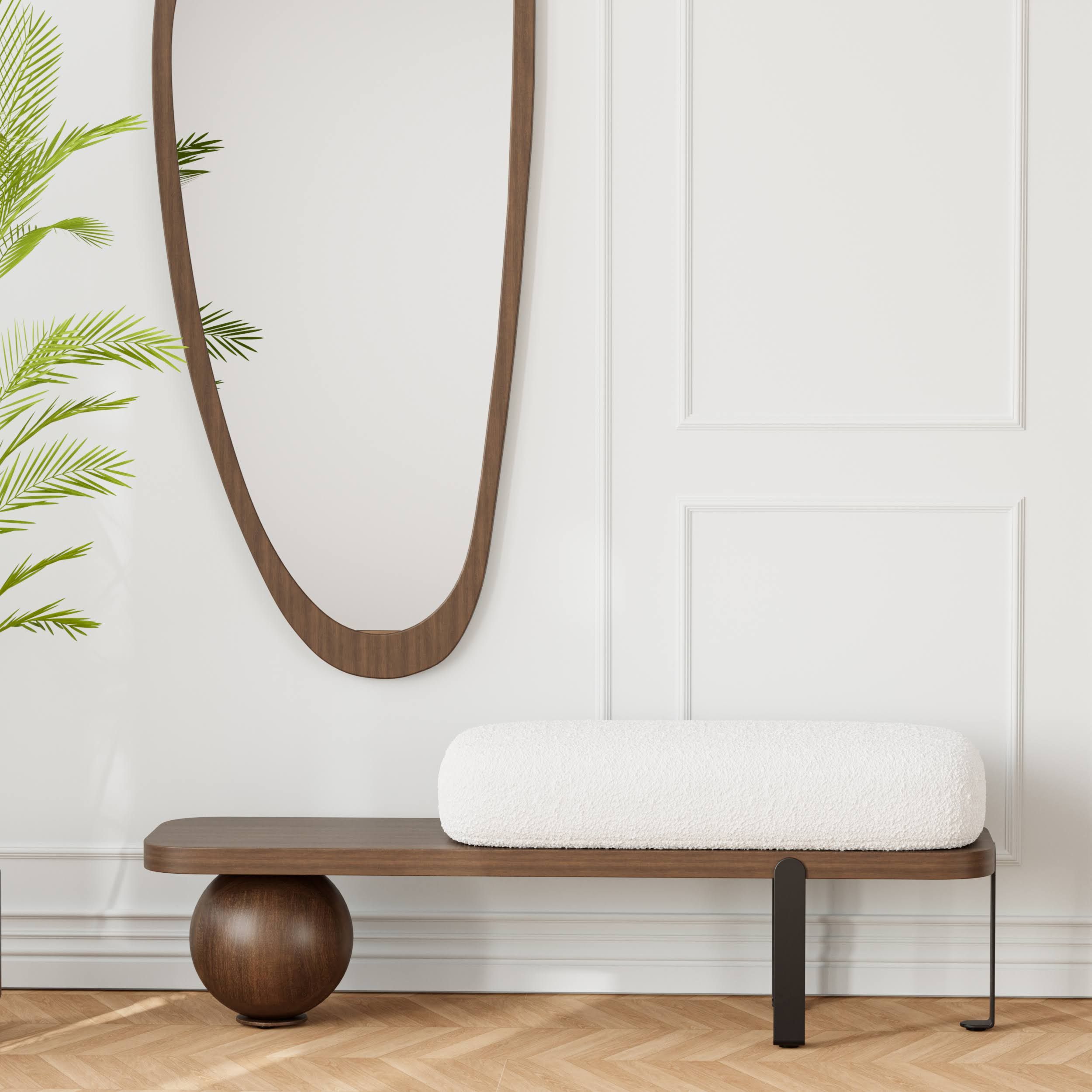 Eingangsbank im Kugeldesign Holzmöbel mit abstrakten Metallbeinen in W