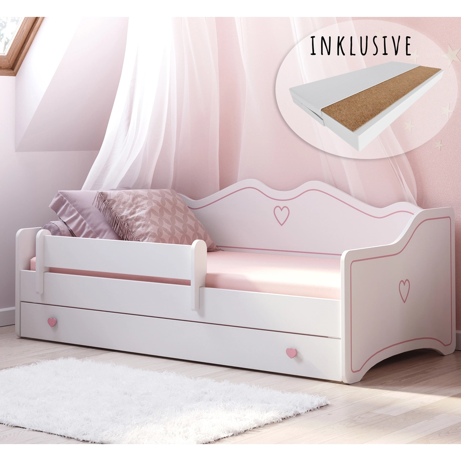 Kids Collective Kinderbett 80x160 | 80x180 Mädchen mit Matratze Rausfallschutz & Schublade pink mit Matratze