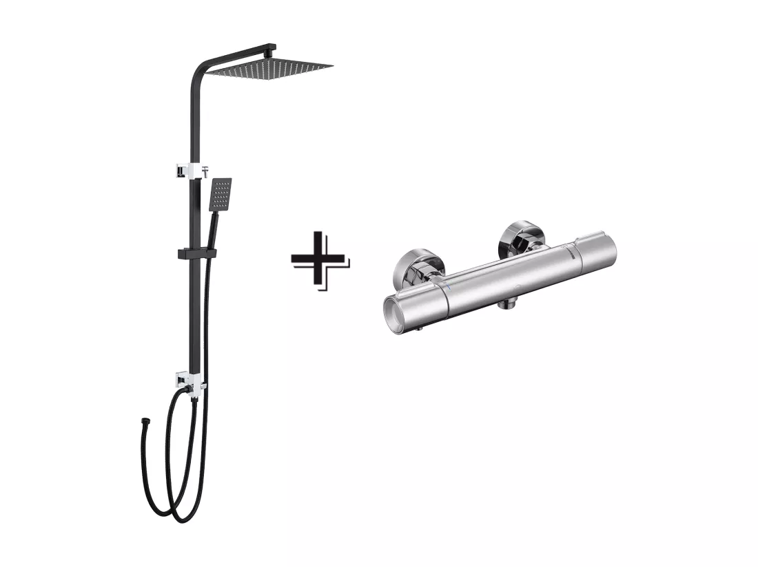 Colonne Douche Noir,Sans Mitigeur,Hauteur Réglable 690-1130cm+Mitigeur Thermostatique Douche Bouton Sécurisé à 38°C,Chromé