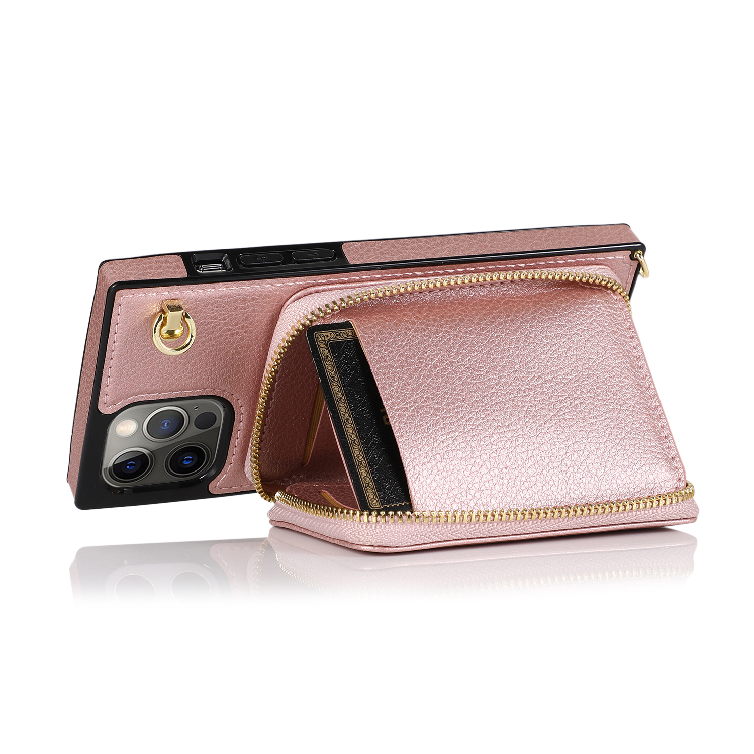 iPhone 12 / iPhone 12 Pro Necklace Leder Schutz Hülle mit Kartenfächer   Handykette (140cm) - Roségold