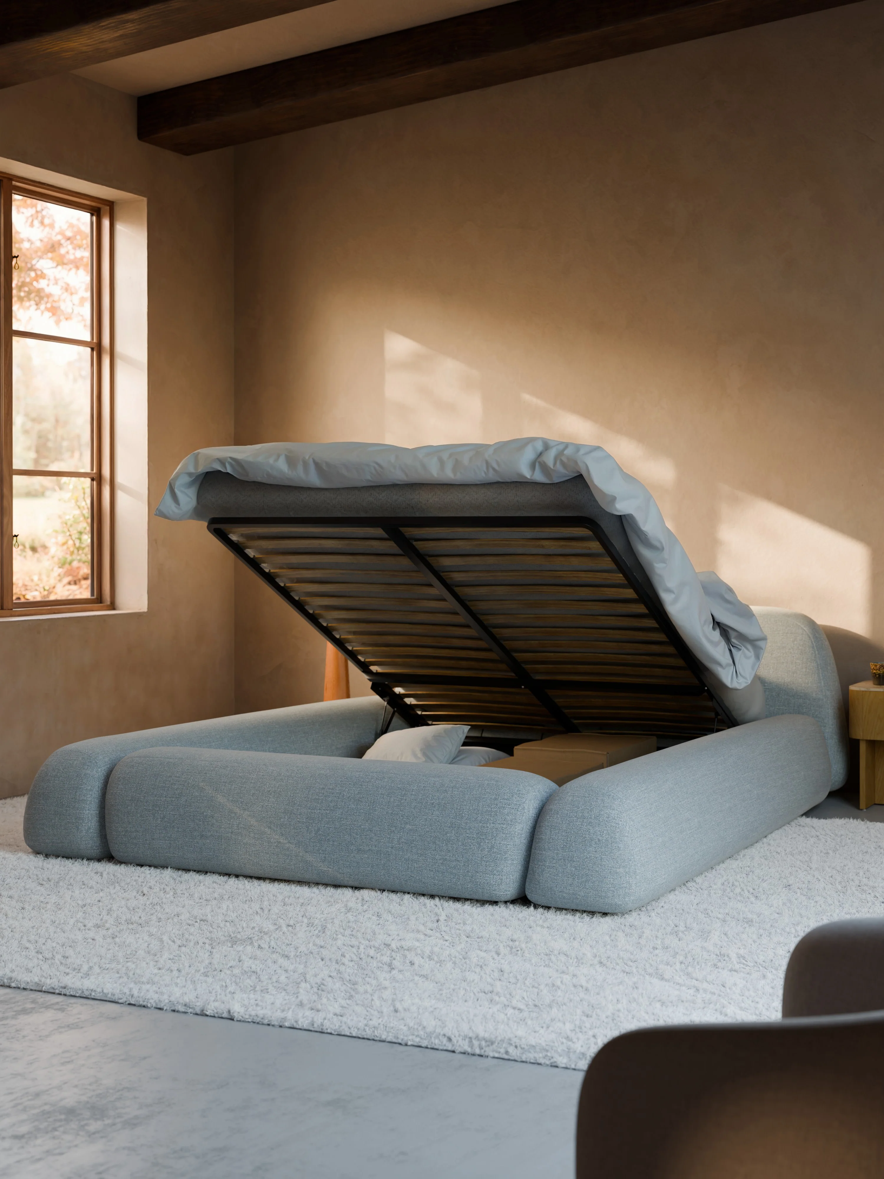 Bouclé gestoffeerd bed Wolke met opbergruimte