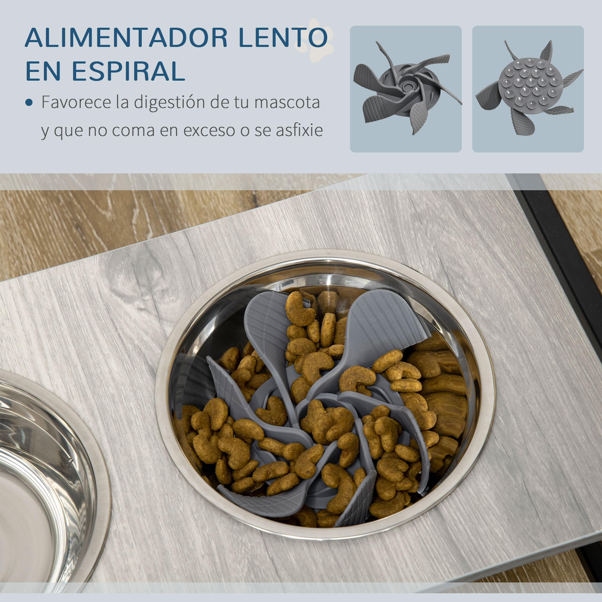 Comedouro elevado para cães PawHut, altura ajustável, com 2 tigelas de aço inoxidável (1100 ml cada), tapete e comedouro lento, 60 x 33 x 10-31,5 cm, cinza.