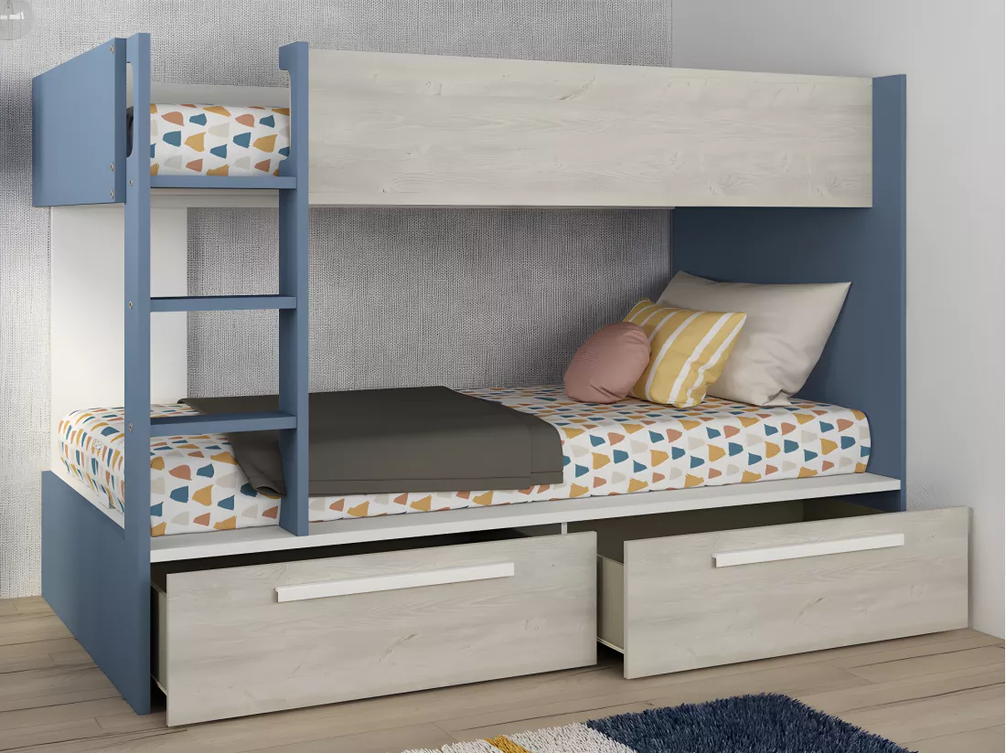 Lits superposés 2 x 90 x 200 cm - 2 tiroirs - Bleu, naturel et blanc + Matelas - TINOLI