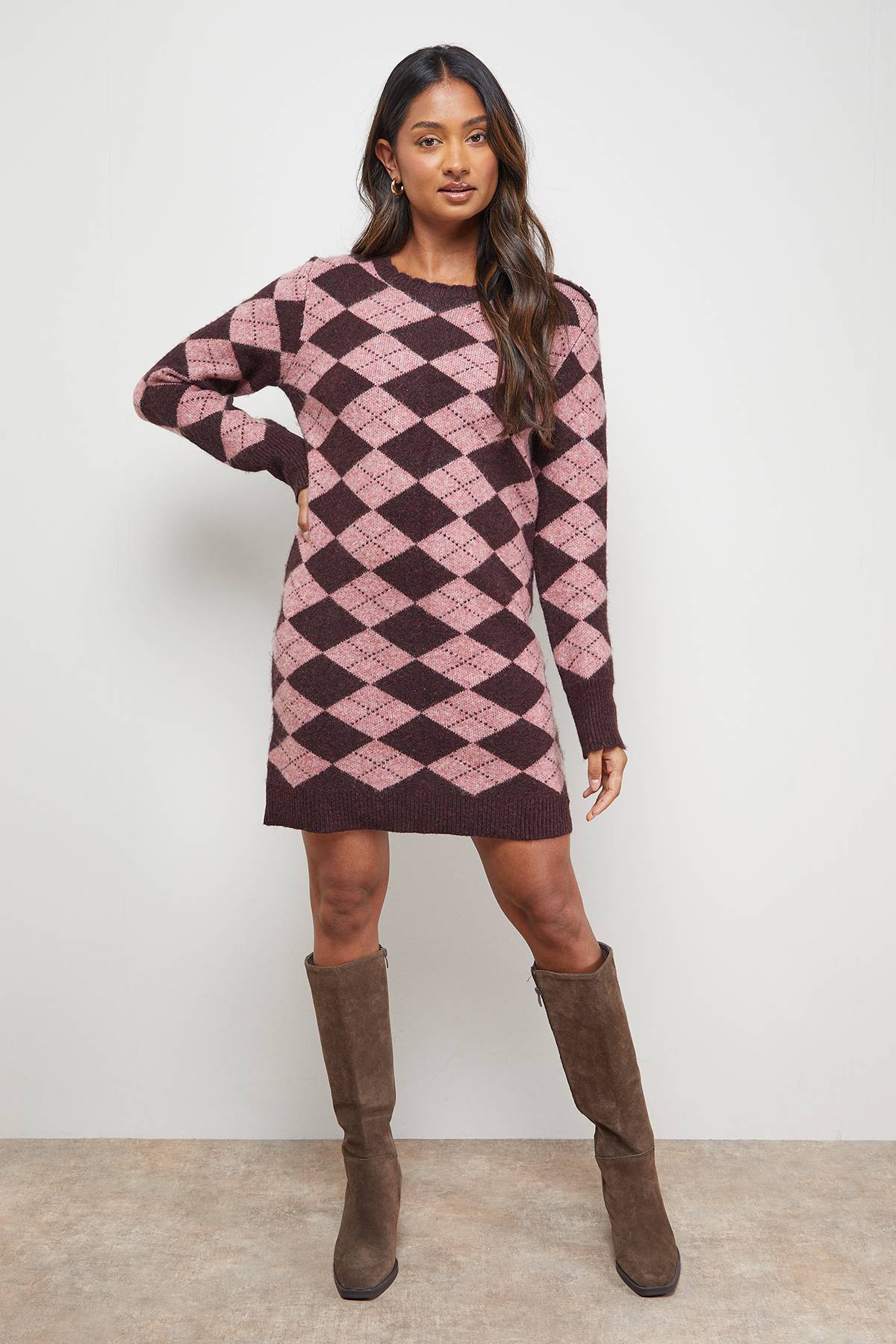 Oasis Robe Mini Tricotée à Col Festonné Motif Argyle