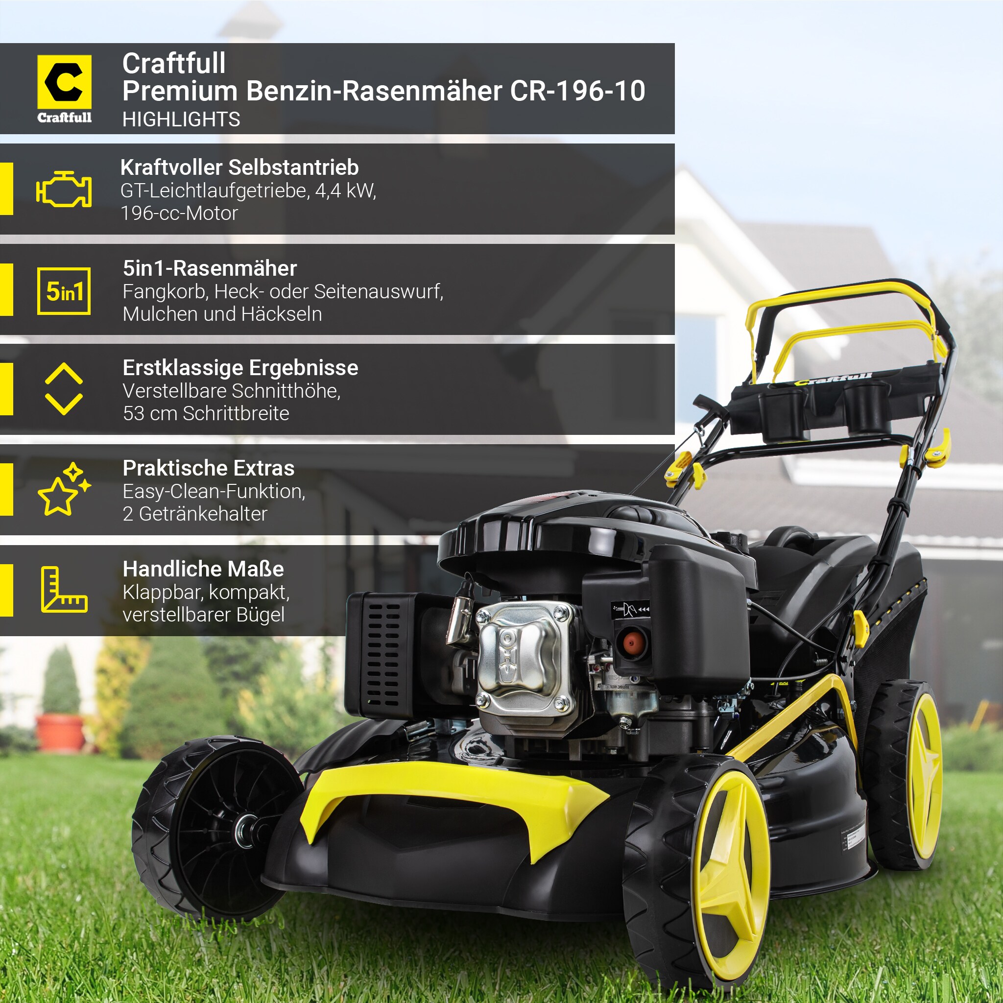 Craftfull Premium Benzin-Rasenmäher CR-196-10, 5in1, GT-Markengetriebe, 196cc-Motor, 4,4 kW, Euro 5 (Schwarz/Gelb)