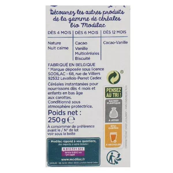Modilac Mes Céréales du Soir Bio Riz Carotte Dès 4 mois 250g