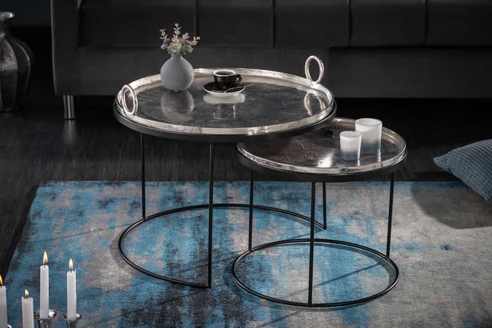 2er Set Runde Couchtische ELEMENTS 65cm silber schwarz Metall Tablett Beistelltisch