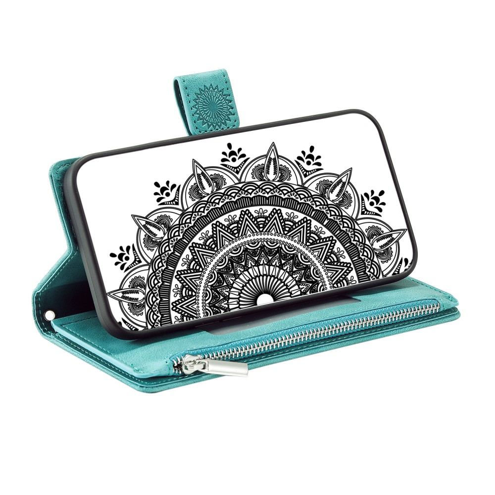 iPhone 15 Leder Tasche Flip Cover mit Reissverschluss - Mandala Flowers Imprint - Türkis