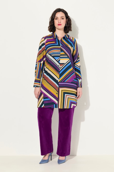 Longbluse, grafischer Druck, A-Linie, Hemdkragen, Langarm