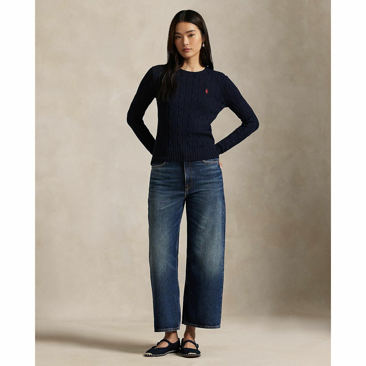 POLO RALPH LAUREN<br>Suéter de malha trançada de algodão com gola redonda