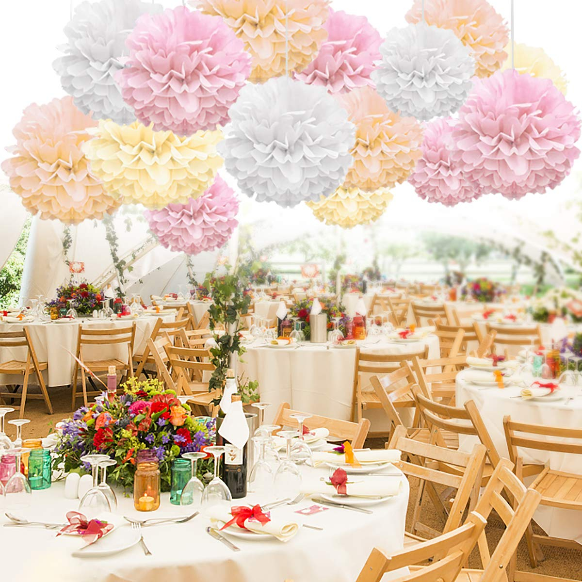(12er Set) Papier Pompon's Deko Party / Geburtstag / Hochzeit - Rosa / Creme / Weiss