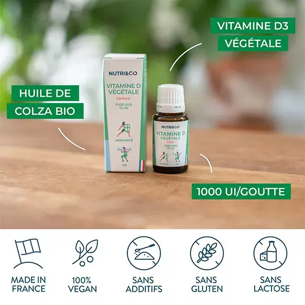 Vitamina D3 de origem vegetal Nutri&Co para saúde óssea e imunidade 15ml