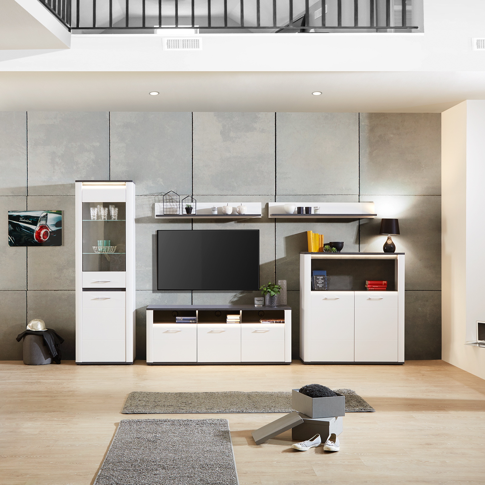 Luca Bessoni Highboard ALASSIO - weiß-Hochglanz - Matera dunkel - 109 cm