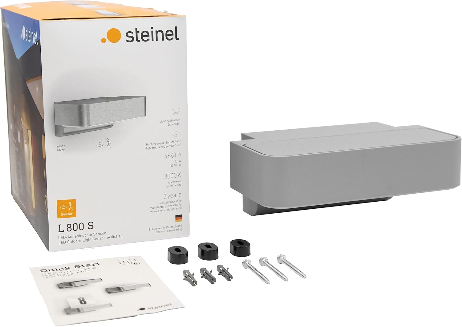 Steinel Außenleuchte L 800 SC Silber, 7.5 W, smartes LED Downlight, Bewegungsmelder, vernetzbar, per App bedienbar