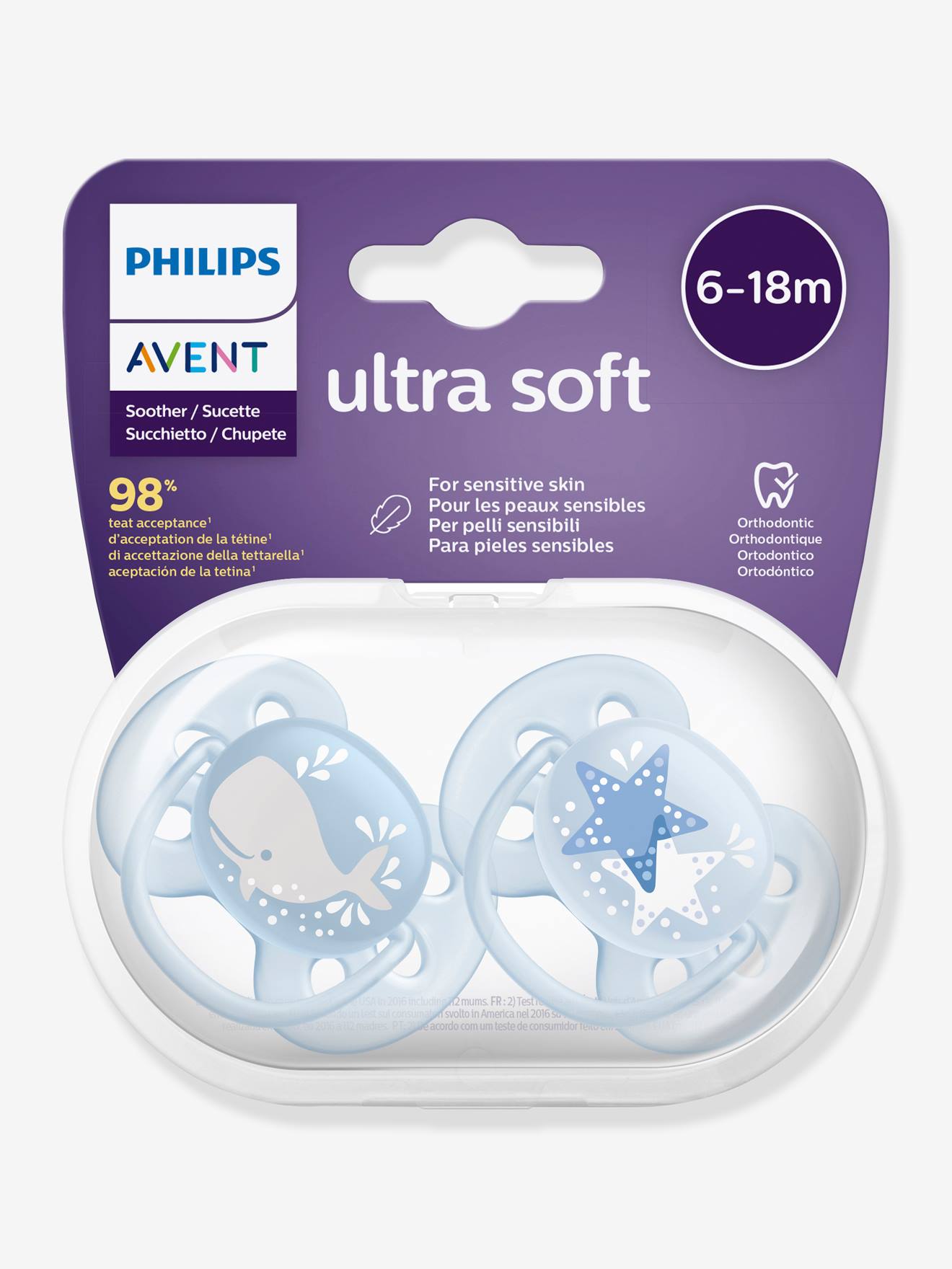 Pacote com 2 chupetas Philips AVENT extra macias para recém-nascidos, branco escuro, lisas com estampas.