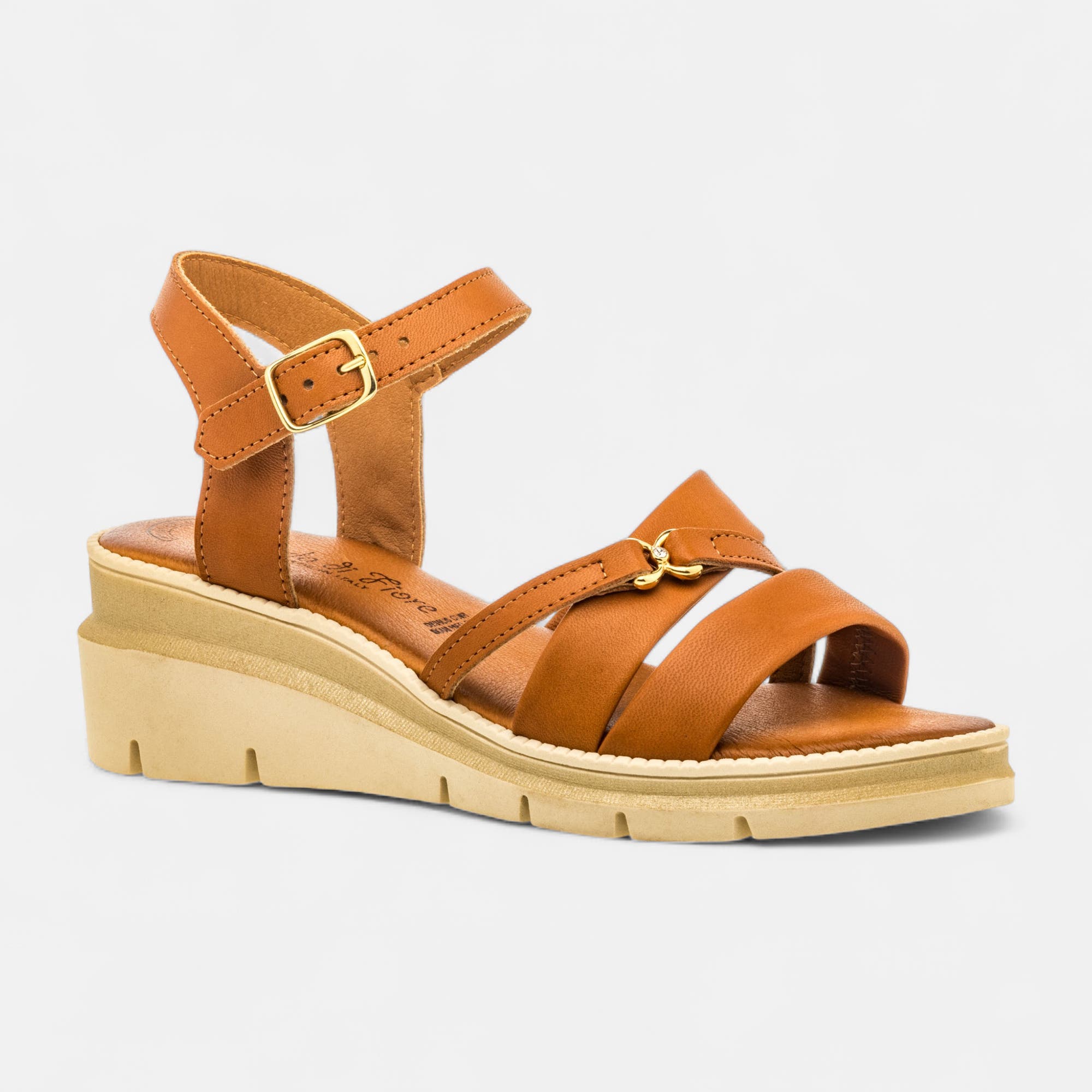 Nu-pieds à talon compensé Femme en cuir cognac