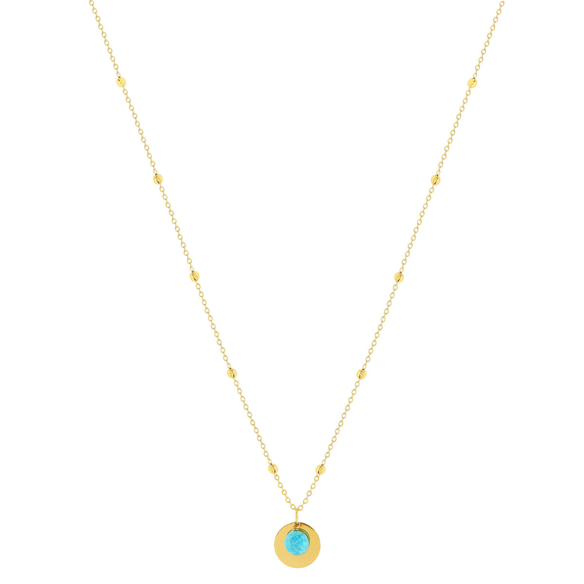 Collier plaqué or jaune, disque et amazonite en pampille 48 cm