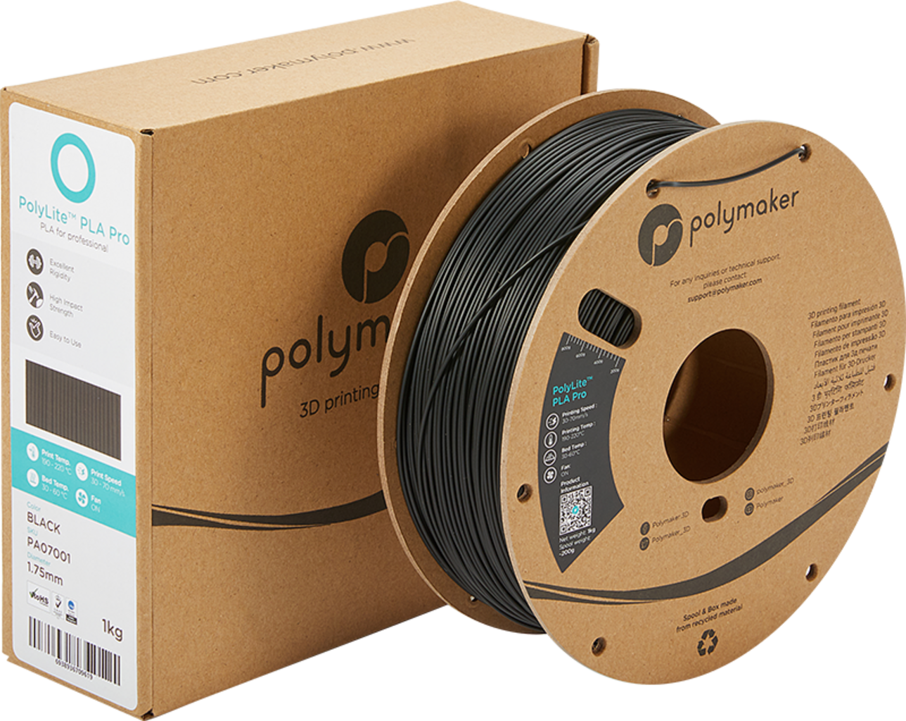Polymaker  PolyLite PLA PRO Black, 1,75 mm / 1000 g    PLA Filament mit exzellenten Eigenschaften für FDM Drucker