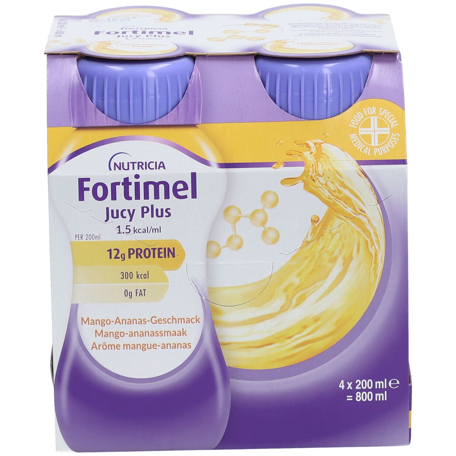 Fortimel® Jucy Plus Mango-Ananas – Hochkalorische Trinknahrung mit vielen wichtigen Nährstoffen – 300 kcal und 12 g Eiweiß pro Flasche