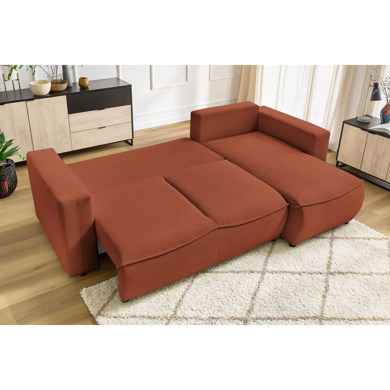Bobochic Canapé d'angle droit convertible coffre jasmin velours côtelé orange - 256x158x90 cm