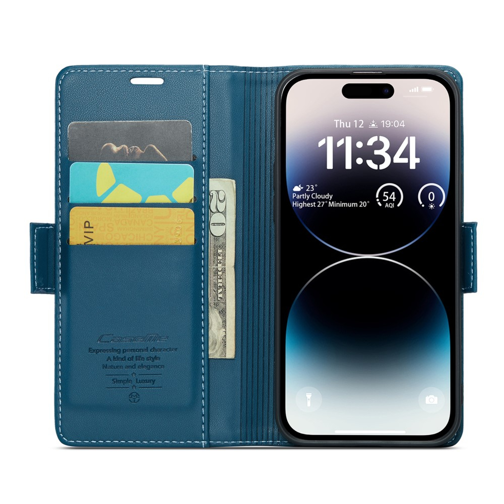 iPhone 14 Pro Max Leder Tasche Flip Wallet Etui mit Kartenfächern Litchi Look (RFID Schutz) - Blaugrün
