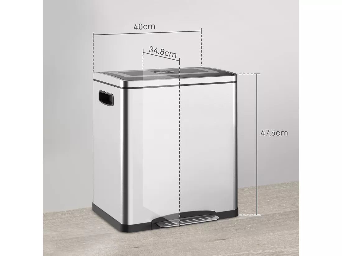 Poubelle de cuisine 2 x 15L - poubelle à pédale 2 compartiments seaux amovibles - acier inox. brossé