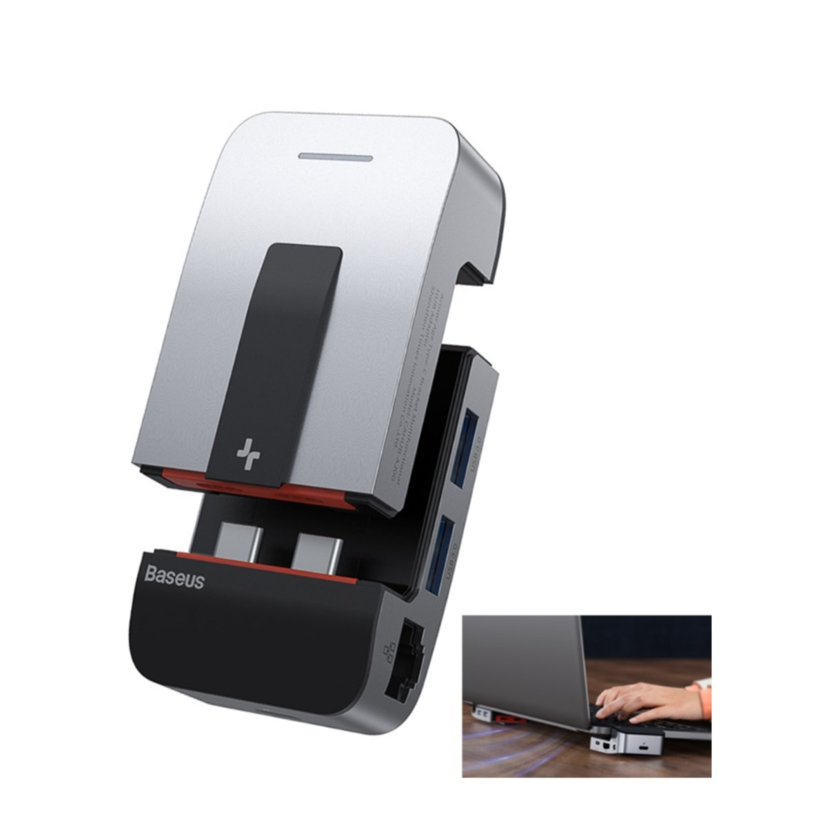 2in1 USB C Hub Ständer Halterung USB A / HDMI / Klinke / RJ45 / Adapter - Silber / Schwarz