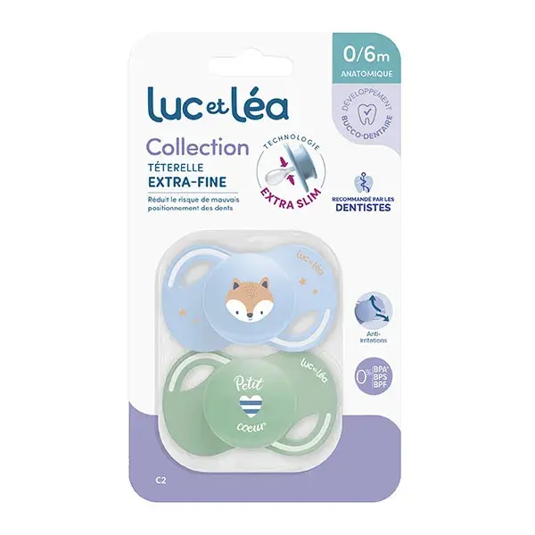 Luc et Léa Collection 2 Sucettes Anatomiques Tetine Extra-slim 0-6 mois Renard