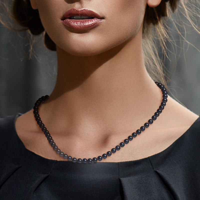 Collier ras du cou Femme Perles de culture d'eau douce Noires AA et Fermoir Or Blanc 750/1000