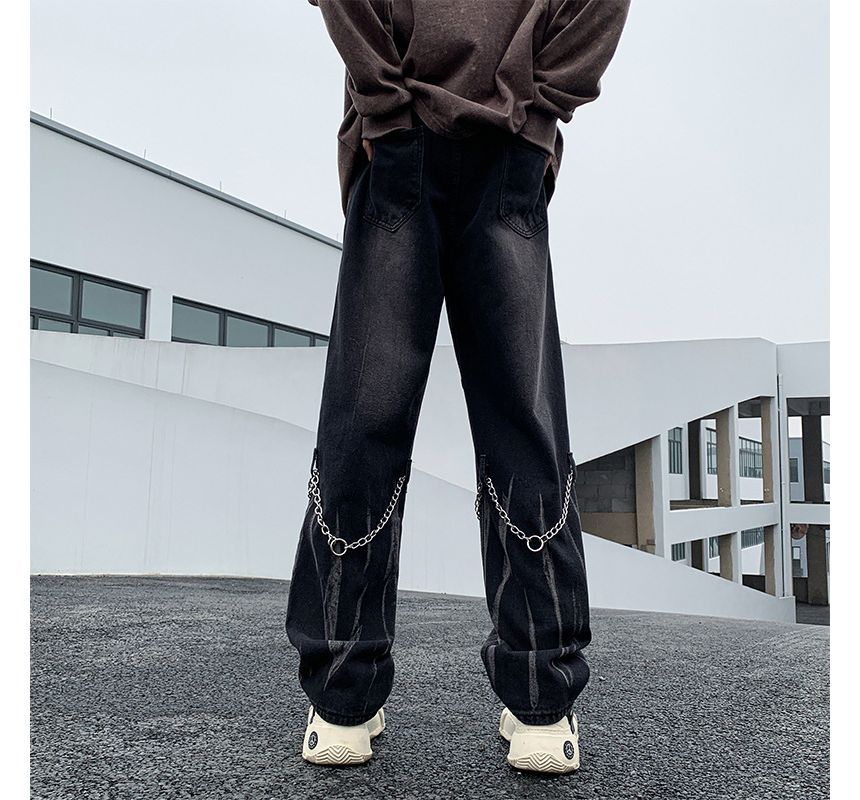 Hushgrain - Mid Rise Washed Chain Straight Leg Jeans