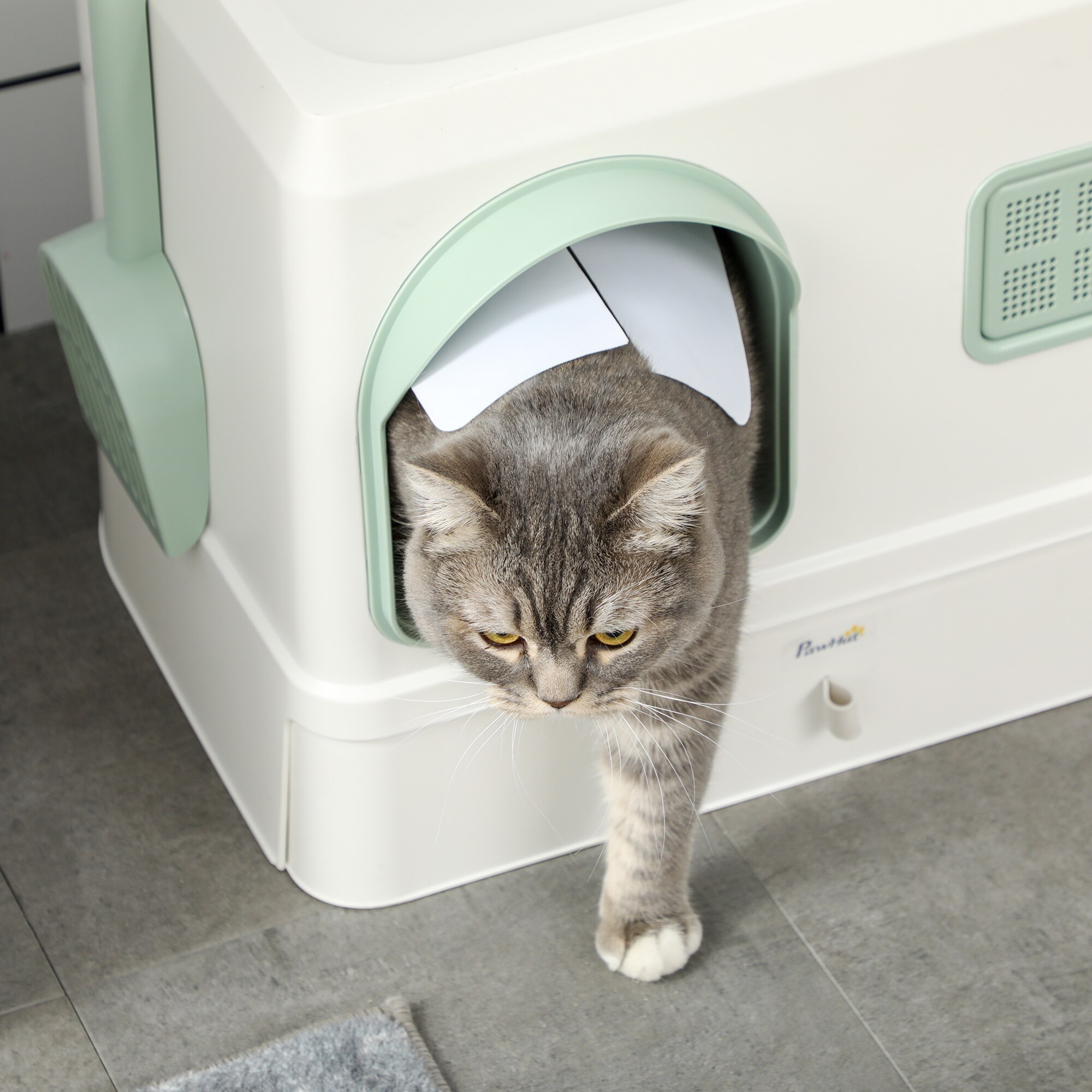PawHut Katzenklo mit zwei Deodorants und Schaufel weiß, grün 50L x 40B x 40H cm